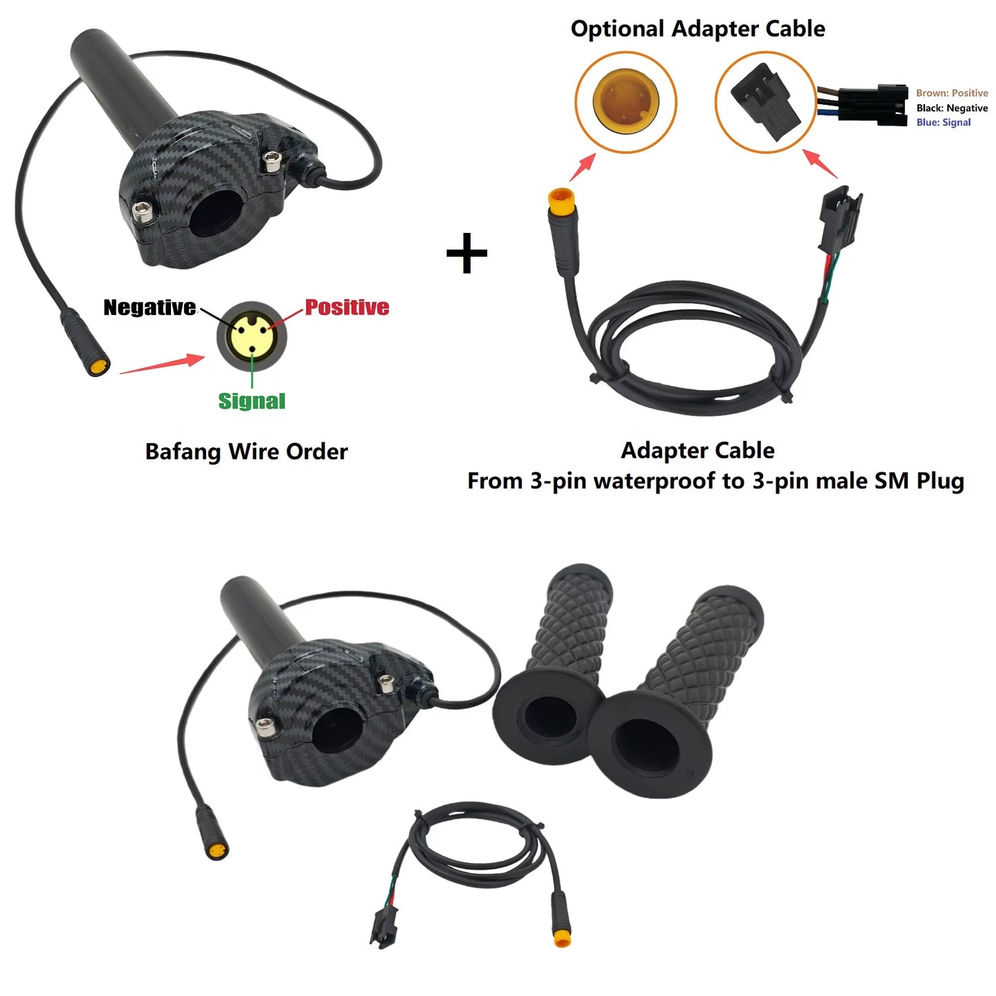 Surron Lightbee Style Full Twist Throttle with Hand Grips 3-Pin Waterproof Female Plug for Bafang with Handgrips
